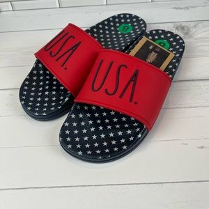 Rae Dunn Size:8 UNISEX Slides Sandals Red/Navy/White Stars NWOT